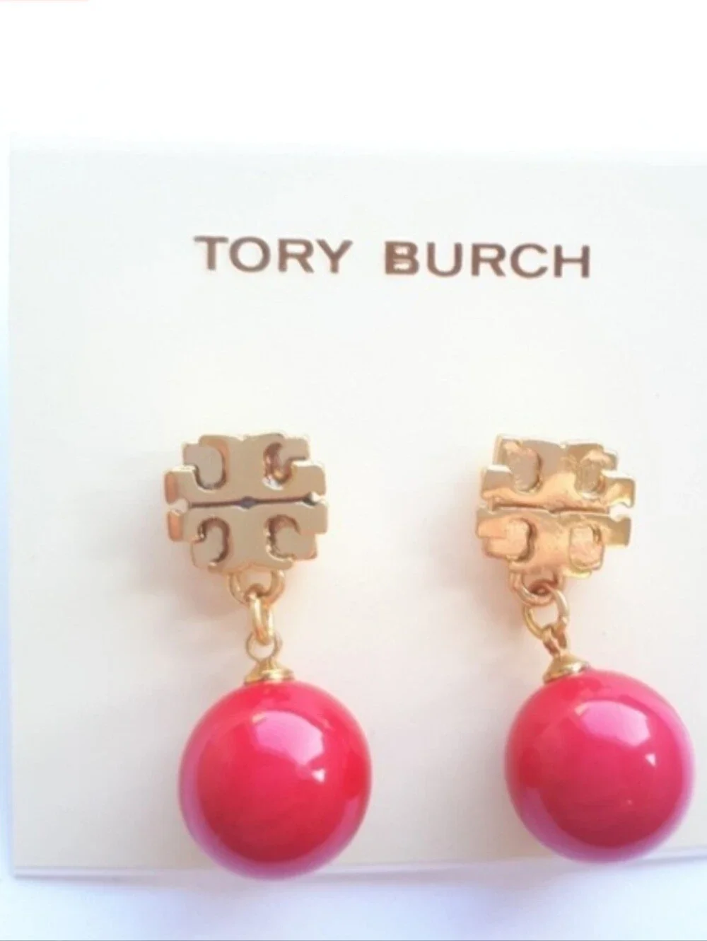 Tory Burch Evie Gold Logo Coral Ball Drop Earrings